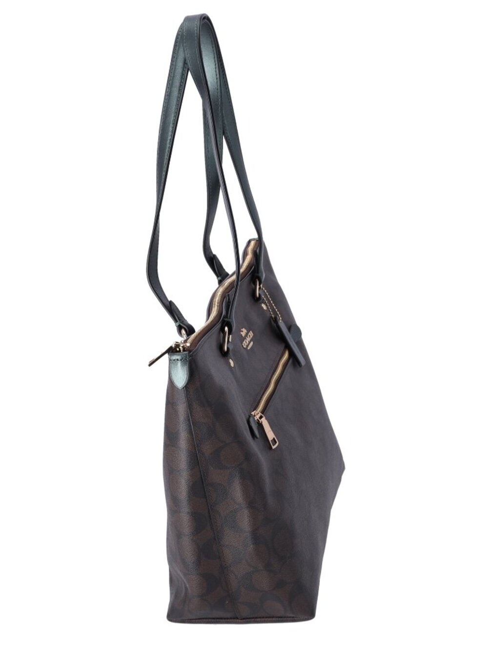 Coach Gallery Tote Coated Canvas Signature Brown Metallic Green - Picture 5 of 5